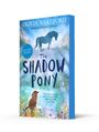 „The Shadow Pony“, Olivia Wakeford, Illustration von David Litchfield. Blaues Cover, Silhouette eines Ponys und Hundes.