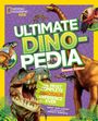 „Ultimate Dino-Pedia, Second Edition“. Dinosaurier-Illustrationen in lebhaften Farben, umgeben von Text und Logos.