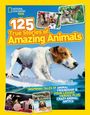 "125 True Stories of Amazing Animals" in großem Text. Ein Hund surft auf Wasser, kleine Fotos von Tieren drumherum.