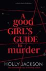 Text: "A good girl's guide to murder" und "After Dark Edition". Schwarze Hintergrundfarbe mit roten Fäden und Stecknadeln.