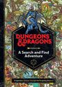 „Dungeons & Dragons: A Search and Find Adventure“. Illustrationen mit Drachen und magischen Kreaturen in einer Fantasiewelt.