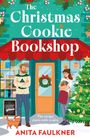 "The Christmas Cookie Bookshop" steht auf einem Buchladen mit Weihnachtsdeko, Menschen, einer Katze und einem Weihnachtsbaum davor.