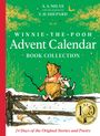 "Winnie-the-Pooh Advent Calendar Book Collection." Illustration von Winnie Puuh und Ferkel im Schnee, roter Schneeanzug, grüner Hintergrund.