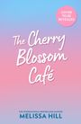 "The Cherry Blossom Café" in Kursivschrift, rosa Hintergrund mit blauem Verlauf. Oben rechts rosa Kreis mit "Cover to be revealed".