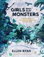 Text: "GIRLS WHO SLAY MONSTERS", "DARING TALES OF IRELAND'S FORGOTTEN GODDESSES", "ELLEN RYAN". Illustration zeigt Frauen, Tiere und mystische Wesen in Blau- und Grüntönen.