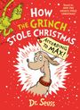 „HOW THE GRINCH STOLE CHRISTMAS ACCORDING TO MAX! Dr. Seuss“ Ein Hund mit Halsband und der Grinch mit Lichterkette.