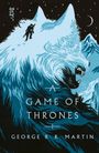 Text: "A Game of Thrones" von George R. R. Martin. Illustration: Riesiger Wolfkopf in Schneelandschaft, Mann mit Schwert.