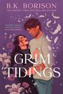 „GRIM TIDINGS“ und „Heartfelt, magical, yearning romance“ von Ali Hazelwood. Eine Illustration eines liebevollen Paares umgeben von Federn und Blumen.