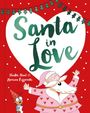 „Santa in Love“ in grünem Schriftzug auf weißem Herz, Santa im rosa Anzug mit Herzen, Wichtel mit Liste.