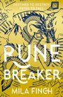 DESTINED TO DESTROY, FATED TO FALL. RUNE BREAKER. MILA FINCH. Ein blauer Drache auf goldfarbenem Hintergrund.