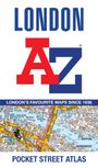 Text: "LONDON A-Z", "LONDON'S FAVOURITE MAPS SINCE 1936", "POCKET STREET ATLAS".  
Ein Stadtplan mit Straßen und Flüssen.