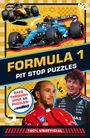 "FORMULA 1 PIT STOP PUZZLES", "RACE THROUGH OVER 50 PUZZLES!", "100% UNOFFICIAL". Zwei Rennwagen und zwei Personen.