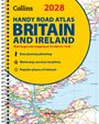 „Collins 2028 Handy Road Atlas Britain and Ireland“ in blau und rot auf gelbem Hintergrund; darunter eine Karte.