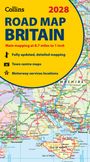 "Collins 2028 Road Map Britain". Gelber Hintergrund, Karte von Südengland, Symbole für detaillierte Karten und Rastplätze.