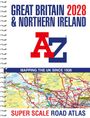 "Great Britain 2028 & Northern Ireland" steht oben, gefolgt von einem stilisierten "A-Z" Logo. Unten eine bunte Straßenkarte.