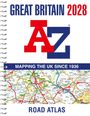 „GREAT BRITAIN 2028“, „MAPPING THE UK SINCE 1936“, „ROAD ATLAS“. A-Z Logo, darunter eine Karte mit Straßen.