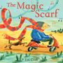 „The Magic Scarf”, Em Cosh. Illustration: Person auf Roller mit langem Schal, Hund läuft nebenher, musikalische Noten.