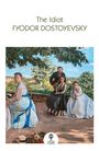 „The Idiot“ und „FYODOR DOSTOYEVSKY“. Illustration einer Szene mit vier Personen in einem Garten, umgeben von Bäumen.