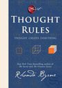"Thought Rules - Thought Creates Everything" steht groß auf blauem Hintergrund mit geometrischen Mustern und einem roten Siegel oben.