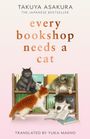 Katzen auf einem Bücherregal, eine liest, andere sitzen oder liegen, umgeben von Büchern.