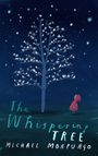 "The Whispering Tree" - Michael Morpurgo. Dunkler Nachthimmel mit Baum voller Vögel und Kind in rotem Mantel.