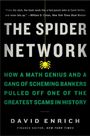 "The Spider Network" in großen Buchstaben, darunter ein gelber Pixel-Spider, Text erklärt Bankenbetrug. Autor: David Enrich.