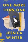"ONE MORE THAN ONE" und "JESSICA WINTER" in Gelb. Collage: Mann im Anzug ohne Gesicht, blauer Hintergrund.
