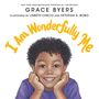 Buchtitel: "I Am Wonderfully Me". Illustration eines lächelnden Kindes mit lockigem Haar und lila Shirt.