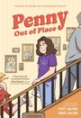 "Penny Out of Place" in großen Buchstaben, begleitet von Illustrationen von Menschen auf einer Treppe mit gerahmten Fotos.