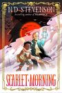 Text: "N D Stevenson, bestselling author of Nimona, Scarlet Morning." Zwei Figuren gegen roten Sonnenaufgang, stürmische Szene.