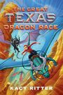 "The Great Texas Dragon Race" von Kacy Ritter. Illustration: Junge reitet einen fliegenden, blauen Drachen durch felsige Canyons.