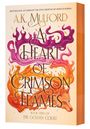 Buchtitel: "A Heart of Crimson Flames" von A.K. Mulford. Flammenillustration mit Fuchs und prägnanten Schriftzügen.