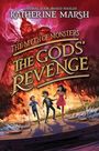 „The Myth of Monsters: The Gods' Revenge“ von Katherine Marsh. Große rote Figur mit Speer über drei rennenden Kindern.