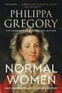 „Philippa Gregory“, „Normal Women“; Porträt einer historischen Frau in gemalter, pixeliger Darstellung.