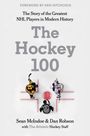 Der Text beschreibt "The Hockey 100", ein Buch über die größten NHL-Spieler, mit Vorwort von Ken Hitchcock. Darunter stehen zwei Spieler und ein Schiedsrichter auf dem Eis.