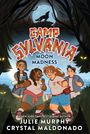"CAMP SYLVANIA" in Holzdruckschrift, "MOON MADNESS" in Blau. Vier verängstigte Kids rennen im Wald, Wolf im Hintergrund.