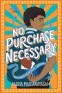 Titel: "No Purchase Necessary". Darunter ein Junge mit einem Schokoriegel und Rucksack, bunter Hintergrund.