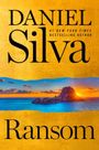 Text: "Daniel Silva, Ransom, #1 New York Times Bestselling Author." Goldener Hintergrund, Meer und Sonnenuntergang.