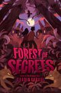 Text: "FOREST OF SECRETS" von Saadia Faruqi. Zwei Kinder schauen in einen Wald bei Vollmond, umgeben von Tieren und Bäumen.