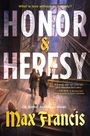 „What is love without its tragedy? Honor & Heresy. Max Francis.“ Zwei Figuren in einer alten Bibliothek mit Fackel.