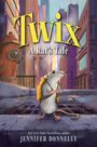 "Twix: A Rat's Tale" von Jennifer Donnelly. Eine Ratte mit Rucksack steht auf einem Gullydeckel in einer städtischen Szenerie.