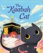 Text: "The Kaabah Cat". Illustration einer großen schwarzen Katze mit gelben Augen vor der Kaaba und einem fröhlichen Kind.