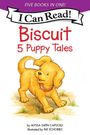 „I Can Read!” „Biscuit: 5 Puppy Tales”. Illustration eines fröhlichen Welpen mit gelbem Fell, rotes Halsband.