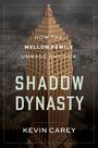 „How the Mellon Family Unmade America, Shadow Dynasty, Kevin Carey“ vor einem großen, alten Hochhaus bei bewölktem Himmel.