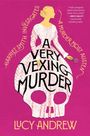 „Harriet Smith Investigates: A Murder Most Austen“ in geschwungenem Text, Frau mit Lupe, Schädel-Kleid, pinker Hintergrund.