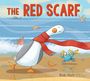 Text: "The Red Scarf." Eine Illustration. Eine Gans mit rotem Schal läuft am Strand, ein blauer Krebs hält bunte Bänder.