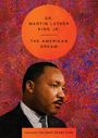 Text im orangefarbenen Kreis: „Dr. Martin Luther King Jr. The American Dream“. Gesicht eines Mannes, bunter Hintergrund.
