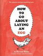 Covertext: "HOW TO GO ABOUT LAYING AN EGG" von Bernard Waber. Illustration: Huhn liest ein Buch auf rotem Hintergrund.