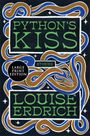 Text: "PYTHON'S KISS", "STORIES", "LARGE PRINT EDITION", "LOUISE ERDRICH". Illustration mit Schlangen und Sternen in Blau und Braun.