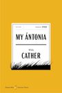 Text: My Ántonia, Willa Cather, Published 1918, Fiction. Schwarze Silhouette von Grashalmen auf gelbem Hintergrund.